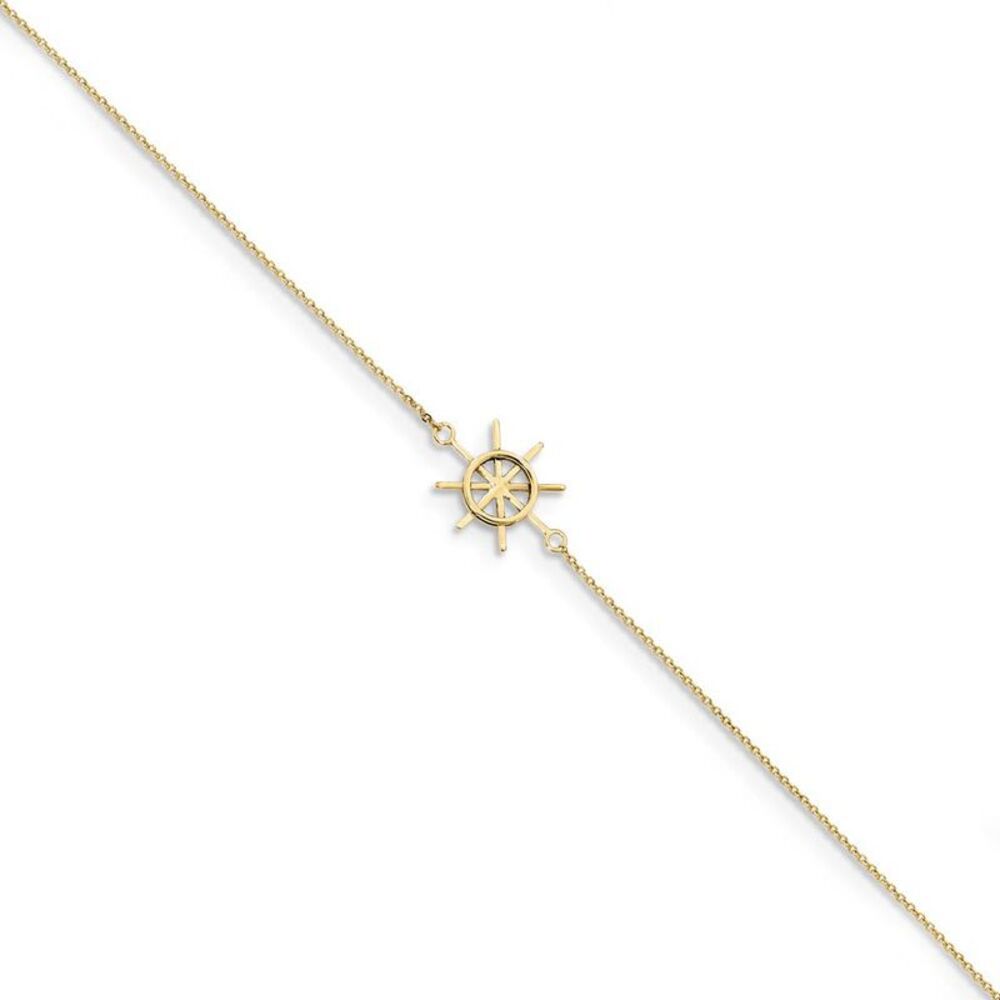 14k Yellow Gold Captains Wheel and Cable Chain Anklet, 9-10 Inch